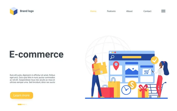 E-commerce landing page, αγοραστές που χρησιμοποιούν την εφαρμογή shop, internet ecommerce τεχνολογία — Διανυσματικό Αρχείο
