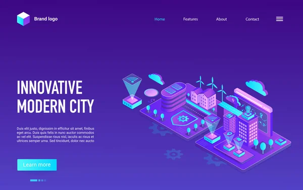 Pagina di destinazione innovativa della città moderna, mappa del paesaggio urbano utilizzando la tecnologia cyber iot — Vettoriale Stock