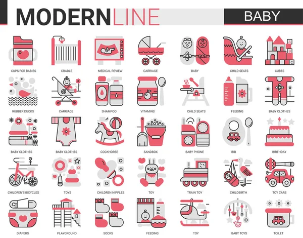 Baby care flat line complex web icon icon vector illustration set. Красно-черный дизайн новорожденного ребенка, детские аксессуары, одежда, игрушки. Коллекция материнства и детства — стоковый вектор