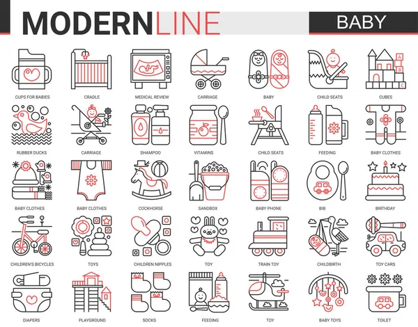 Babypflege Web-Symbol-Vektor-Illustrationsset. Rot schwarze komplexe dünne Linie Design von Neugeborenen Kind, Baby-Accessoires, Kleidung und Spielzeug. Umstands- und Kindheitsskizzen — Stockvektor