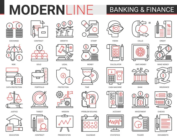 Pénzügyi és banki komplex piros fekete vonal ikonok vektor illusztráció készlet. Kreatív honlap pénzügyi vázlata szimbólumok digitális banki szoftver, jogi biztosítás és kiberbiztonsági üzleti gyűjtemény — Stock Vector