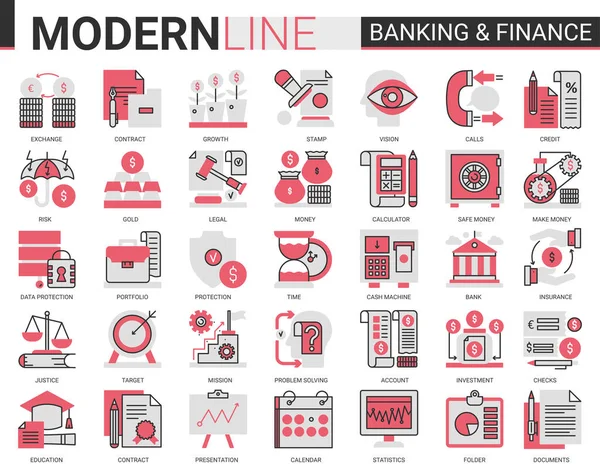 Pénzügyi és banki komplex lapos vonalú piros fekete ikonok vektor illusztráció készlet. Kreatív honlap pénzügyi vázlata szimbólumok digitális banki szoftver, jogi biztosítás és kiberbiztonsági üzleti. — Stock Vector