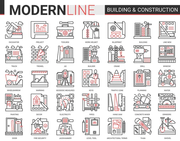 Gebouw bouw complex rode zwarte lijn pictogrammen vector illustratie set, schets construeren website symbolen collectie met bouwers gereedschap en kraan apparatuur, stad architectuur ontwikkeling. — Stockvector