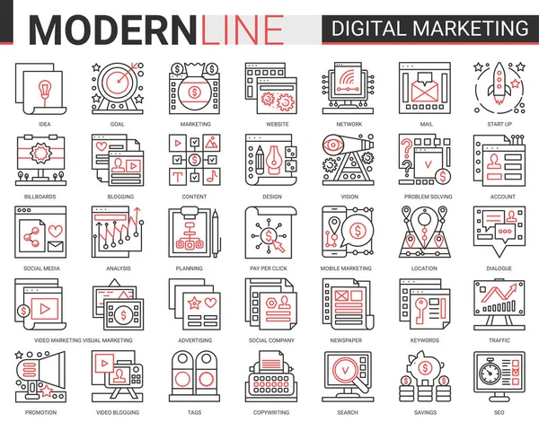 Digitales Marketing komplexe rote schwarze Umrisse Linie Symbole Vektor Illustration — Stockvektor