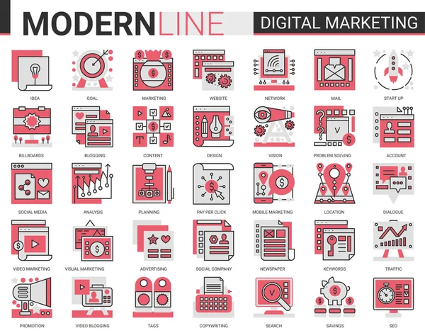 Illustration vectorielle d'icônes de ligne plate rouge rouge complexe de marketing numérique — Image vectorielle