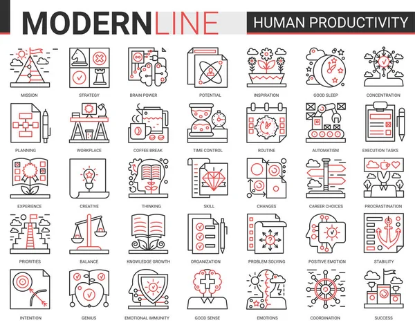 Mänsklig hjärnproduktivitet, koncentration komplex röd svart kontur ikoner vektor illustration — Stock vektor