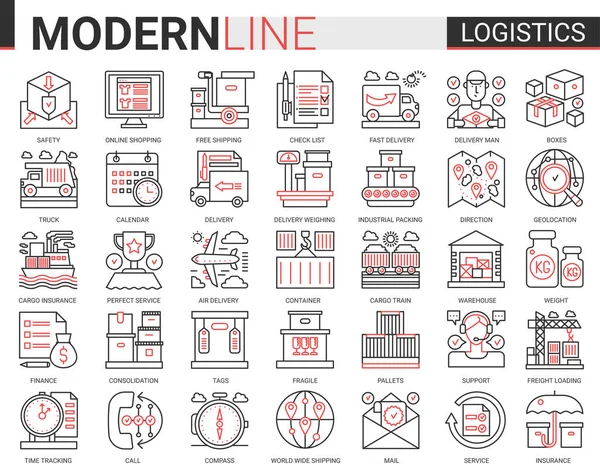 Logisztikai szállítás, szállítási szolgáltatás komplex vonal ikon vektor illusztrációs készlet. Piros fekete vékony lineáris szállító szimbólumok mobil app honlapján teherszállítás, raktár betöltése, szállítás — Stock Vector