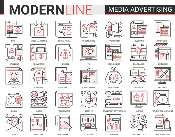 Media pubblicità complessa linea vettore illustrazione set. Rosso nero sottile contorno infografico simboli pittogrammi per applicazioni mobili con ricerca di strategia di marketing, promozione nei social media — Vettoriale Stock