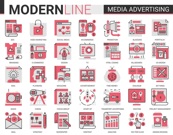 Media publicidade complexo linha plana ícone vetor ilustração set. Coleção preta vermelha de símbolos de pictograma infográfico para aplicativos móveis com pesquisa de estratégia de marketing, promoção nas mídias sociais. —  Vetores de Stock