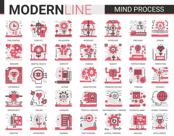 Zihin işleme karmaşık düz çizgi ikon vektör çizim seti. Gezici uygulama web sitesi için kırmızı siyah semboller. Beyin fırtınası sürecinde insan kafası, akıl sağlığı problemi, beyin konseptinde çark.