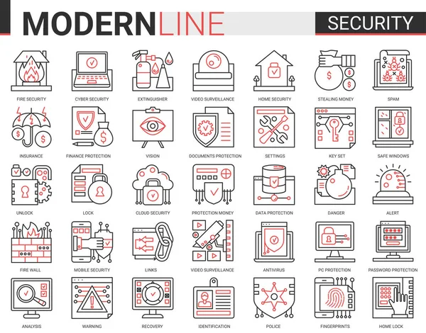 Esquema de seguridad mini concepto de símbolos. Tecnología de protección de datos PC. Seguridad para el hogar inteligente, base de datos segura, privacidad de datos moderno rojo negro trazo lineal estilo línea delgada iconos conjunto. — Vector de stock