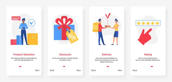 Compras en línea, descuentos ventas, orden y entrega conjunto de pantalla de aplicación móvil — Vector de stock