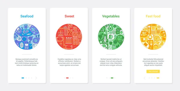 Food Café Shop Menükreissammlung, UX, UI onboarding mobile App Bildschirmset — Stockvektor