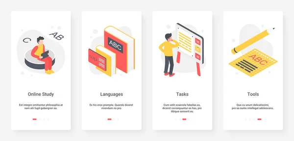 Studium der Fremdsprache, Bildung UX, UI onboarding mobile app page screen set — Stockvektor