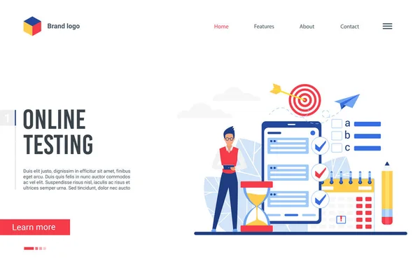 Pagina di atterraggio della piattaforma di test online, uomo che utilizza l'app telefonica per il sondaggio del modulo di esame — Vettoriale Stock
