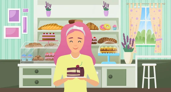 Boulangerie, dessin animé heureux chef boulanger femme personnage tenant morceau de gâteau au chocolat — Image vectorielle