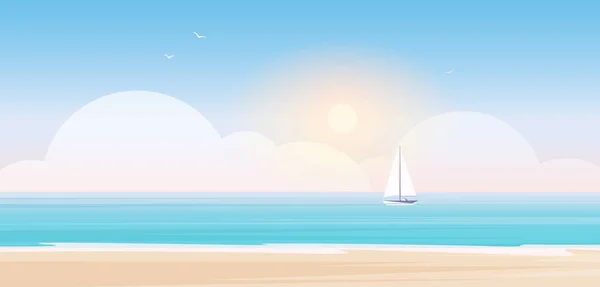 Paisaje de playa, paisajes marinos de dibujos animados con olas de agua de mar o océano, velero yate — Vector de stock