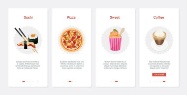 Cafe servis fast food menüsü, UX, UI mobil uygulama sayfası seti