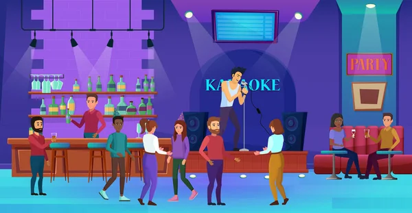 Emberek szórakozás karaoke nightclub bár party belső — Stock Vector