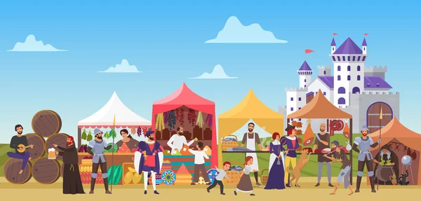 Middeleeuwse kermis vector illustratie, cartoon platte middeleeuwen of sprookje eerlijke markt met dame en meneer personages, nar dansen, priester drinken bier achtergrond — Stockvector