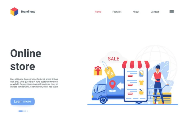 Çevrimiçi mağaza iniş sayfası, alıcı müşteri alışverişi, sipariş vermek için telefon mağazası uygulaması — Stok Vektör