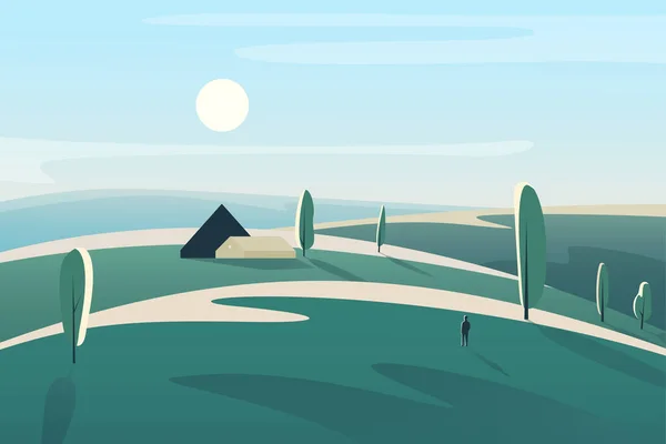 Paisaje minimalista abstracto con casa de pueblo en los campos prados — Vector de stock