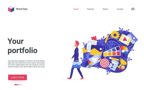 Sua landing page de portfólio, personagem artista freelancer e nuvem de arte na moda — Vetor de Stock