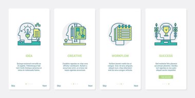 Yaratıcı başarılı fikir, insan beyni UX, UI mobil uygulama sayfası ekran seti