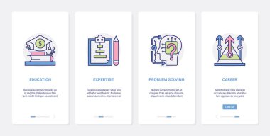 İş kariyeri, eğitim, problem çözme UX, UI mobil uygulama sayfası seti
