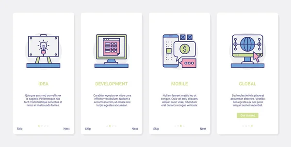 Globale Geschäftsidee UX, UI onboarding mobile App-Seite Bildschirmset — Stockvektor