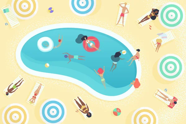 Top view of people relaxing near the summer pool, sunbathing, swimming and playing — Stock Vector