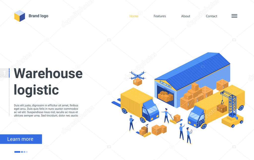 Warehouse logistic landing page, workers working in storage, loading boxes on truck van