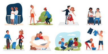 Faaliyet seti seven birkaç kişi, gezici köpek danslarıyla yürüyen aşıklar.