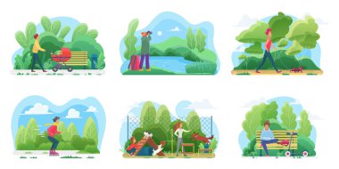 İnsanlar dışarıda vakit geçirir, şehir parkında bebek arabasıyla ya da köpekle yürürler, bankta otururlar.