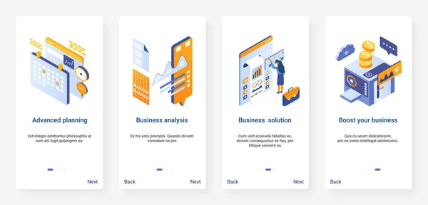 Isometric business data analysis process UX, UI on boarding mobile app page screen set — 스톡 벡터