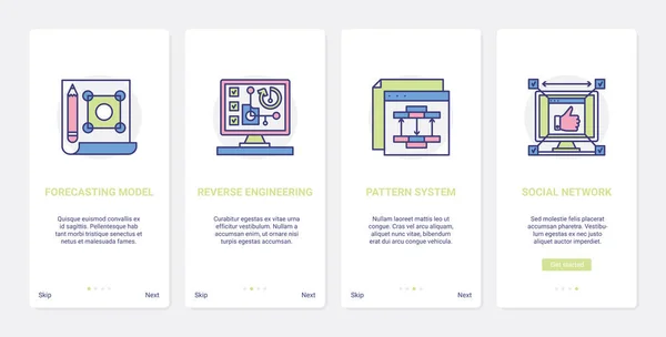 Social-Media-Netzwerk, Prognosemodell UX, Benutzeroberfläche onboarding mobile App Bildschirmset — Stockvektor