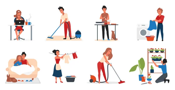 Pessoas conjunto atividade em casa, desenhos animados personagens casal jovens ativos na vida cotidiana — Vetor de Stock