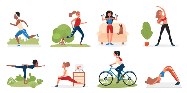 Esporte conjunto de atividades da mulher, personagem jovem fazendo exercícios de fitness com halteres, ioga —  Vetores de Stock