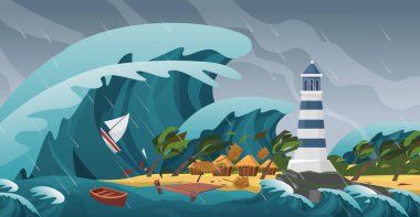 Tsunami deniz manzarası fırtınası doğal afet, küçük ada ve deniz feneri ile dev dalga.