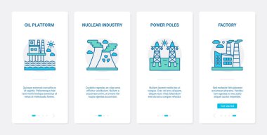 Enerji üretimi, petrol ve gaz endüstrisi UX, UI mobil uygulama sayfası seti