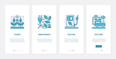 Çevre yeşili bitkiler enerji, doğal teknoloji UX, UI mobil uygulama sayfası seti