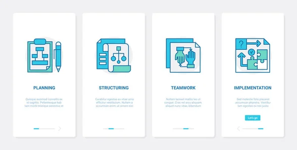 Business-Team-Planung, Teamwork UX, UI onboarding mobile App Bildschirmset — Stockvektor