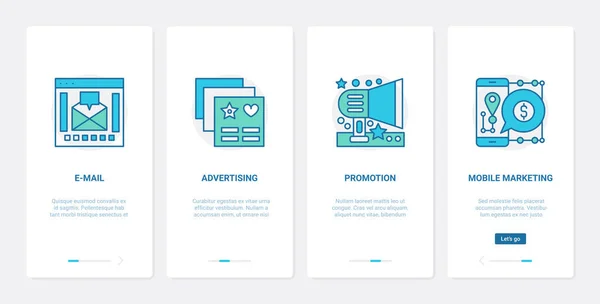 Publicité marketing numérique technologie UX, UI onboarding mobile app page screen ads set — Image vectorielle