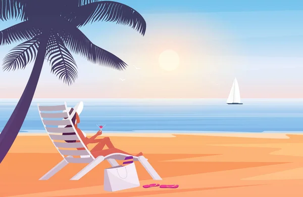 Γυναίκα σε καπέλο και μπικίνι χαλαρωτικό, κάθεται στην καρέκλα, ηλιοθεραπεία στην τροπική παραλία της θάλασσας — Διανυσματικό Αρχείο