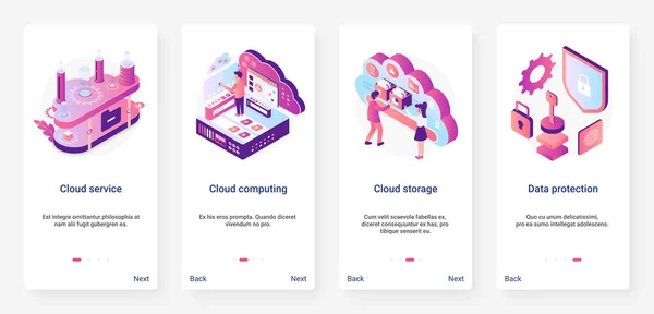 Isometric cloud service data protection UX, UI onboard mobile app page screen set — стоковий вектор