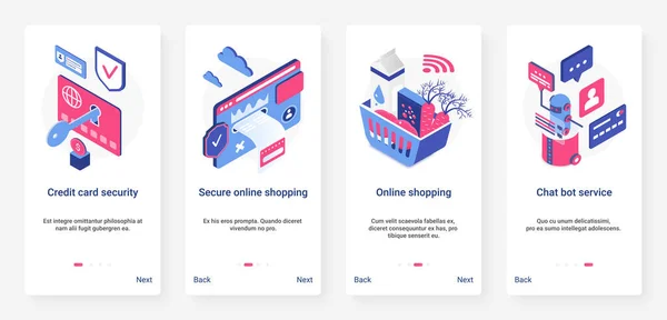 Isometrische sichere Online-Shopping, Sicherheit UX, Benutzeroberfläche onboarding mobile App Bildschirmset — Stockvektor