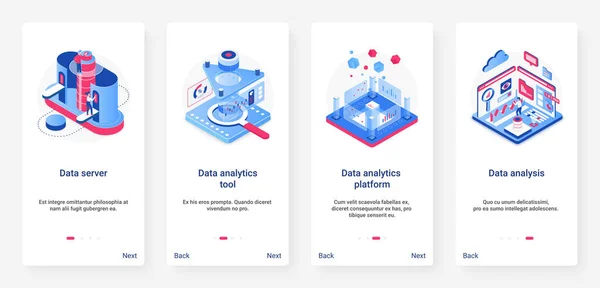 Análisis de datos isométricos, tecnología digital de análisis UX, conjunto de pantalla de página de aplicación móvil de interfaz de usuario — Vector de stock