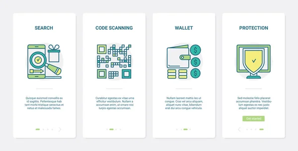 Commerce en ligne, ligne shopping protection UX, UI onboarding mobile app page screen set — Image vectorielle