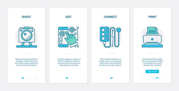 Photographie ligne appareils électroniques UX, UI onboarding mobile app page screen set — Image vectorielle