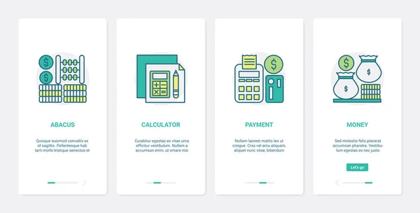 Méthodes de financement pour compter le paiement d'argent UX, UI onboarding mobile app page screen set — Image vectorielle